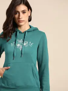 all about you Women Teal Blue Printed Hooded Sweatshirt