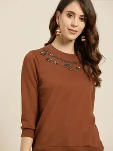 all about you Women Brown Embellished Detail Sweatshirt