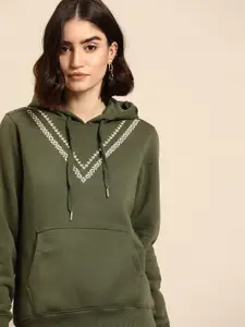all about you Women Olive Green & Off-White Embroidered Hooded Sweatshirt