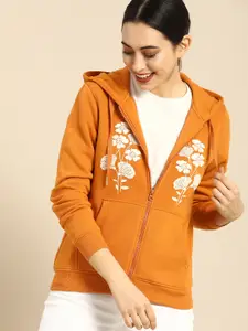 all about you Women Orange & White Floral Print Hooded Sweatshirt