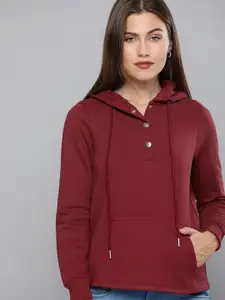 Chemistry Women Maroon Solid Hooded Sweatshirt