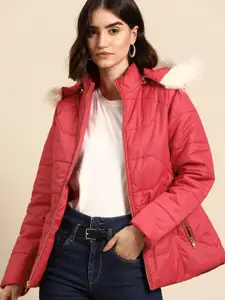 all about you Women Pink Solid Detachable Hood Parka Jacket