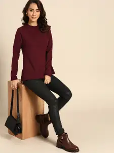 all about you Women Maroon Solid A-Line Sweater
