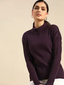 all about you Women Purple Ribbed Turtle Neck Pullover