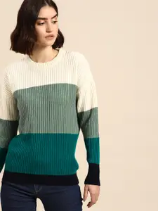 all about you Women Off White & Green Colourblocked Pullover