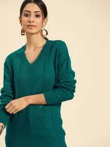 all about you Women Green Open Knit Woven Pullover