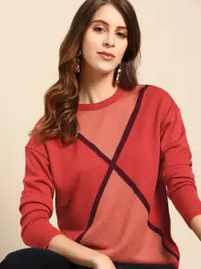 all about you Women Coral Pink & Peach-Coloured Colourblocked Pullover