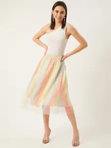 ANVI Be Yourself Women Pink & Yellow Rainbow Print Pleated Flared Midi Skirt