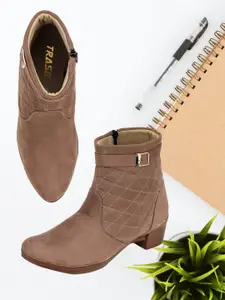 TRASE Women Beige Woven Design Heeled Boots