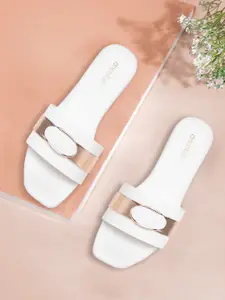 DressBerry Women White & Rose Gold-Toned Striped Open Toe Flats