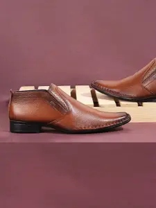 Mochi Men Tan Brown Textured Leather Formal Slip-Ons