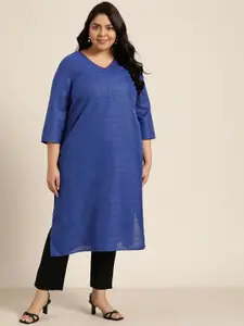Sztori Women Plus Size Blue Self-Striped Jamawar Straight Kurta
