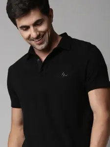 RARE RABBIT Men Black Solid Cotton Polo Collar T-shirt
