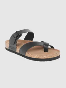 Carlton London Men Black Solid One-Toe Comfort Sandals with Buckle Detail