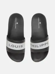 Louis Philippe Men Black & Grey Striped Sliders with Brand Logo Print Detail