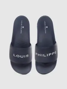 Louis Philippe Men Navy Blue & White Brand Logo Printed Sliders