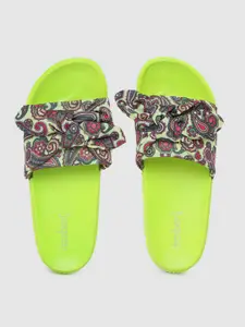 DressBerry Women Lime Green & Pink Ethnic Motifs Print Sliders with Knot