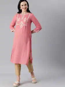 Global Desi Women Pink & Off-White Embroidered Keyhole Neck Straight Kurta