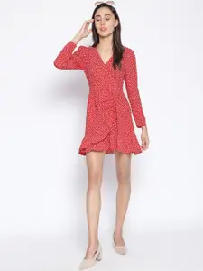 Oxolloxo Ditsy Abstract Printed V-Neck Puff Sleeves Ruffles Detail Summer Wrap Dress