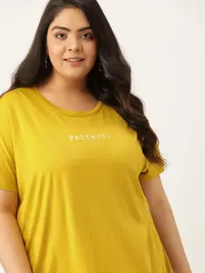 Sztori Women Plus Size Mustard Yellow Solid Drop-Shoulder Sleeves T-shirt