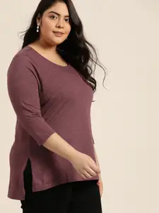Sztori Women Plus Size Burgundy Recycled Cotton Solid T-shirt
