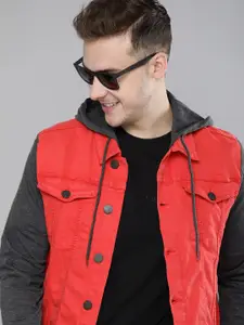 HERE&NOW Men Coral Red Hooded Contrast Detail Jacket