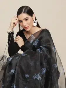 Anouk Black & Blue Floral Print Organza Saree