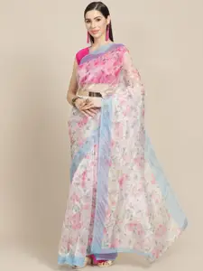 Anouk White & Pink Floral Celebrity Organza Saree