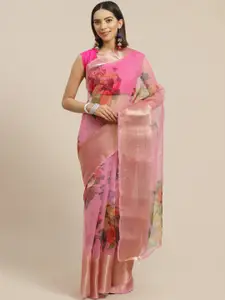 Anouk Pink & Red Floral Print Organza Saree