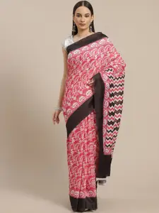 Anouk Pink & White Paisley Print Chanderi Saree