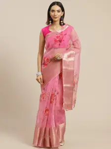 Anouk Pink Floral Organza Saree