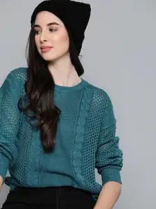 Harvard Women Teal Blue Cable Knit Pullover