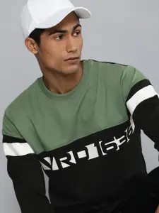 Harvard Men Black & Olive Green Round Neck Colourblocked Sweatshirt with Logo Detail