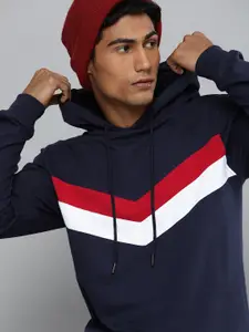 Harvard Men Navy Blue & Red Striped Hooded Sweatshirt