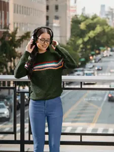 Harvard Women Olive Green & Multi Color Striped Striped Pullover Sweaters