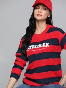 Harvard Women Red & Navy Blue Typography Striped Pullover