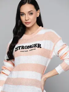 Harvard Women White & Peach-Coloured Typography Striped Pullover
