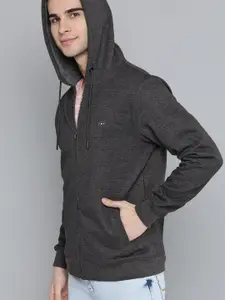 Harvard Men Charcoal Grey Solid Hooded Sweatshirt