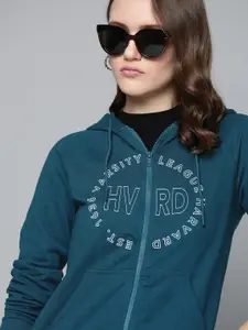 Harvard Women Teal Blue & White Printed Hooded Sweatshirt
