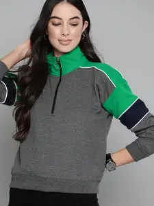 Harvard Women Charcoal & Green Colourblocked Sweatshirt with Drop Shoulder Sleeves