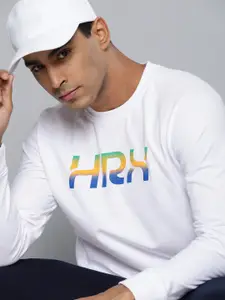 HRX By Hrithik Roshan Lifestyle Men White & Yellow Bio-Wash Brand Carrier Sweatshirts