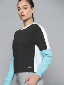 HRX By Hrithik Roshan Lifestyle Women Jet Black & White Rapid-Dry Colourblock Sweatshirt