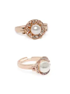 Zaveri Pearls Set Of 2 White & Rose Gold-Plated CZ Studded Adjustable Finger Ring