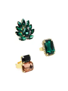 Zaveri Pearls Set Of 3 Gold-Plated Stone-Studded Adjustable Finger Rings