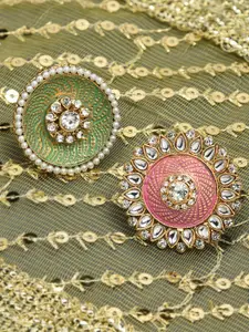 Zaveri Pearls Set Of 2 Gold-Plated Kundan & Beaded Meenakari Adjustable Finger Rings