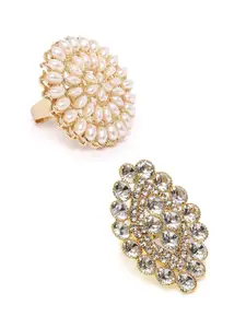 Zaveri Pearls Set Of 2 Gold-Plated Pearl & Stone-Studded Adjustable Finger Ring