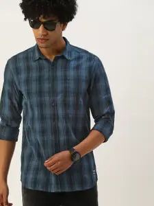 Flying Machine Men Teal Blue Slim Fit Checked Casual Shirt