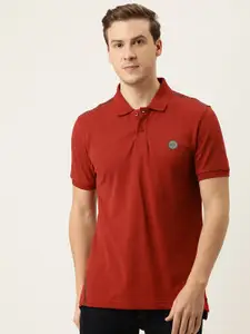 Flying Machine Men Red Polo Collar Solid Pure Cotton T-shirt