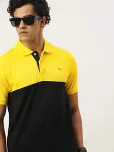 Flying Machine Men Yellow  Black Colourblocked Polo Collar Pure Cotton T-shirt