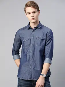 VAN HEUSEN DENIM LABS Men Navy Blue Slim Fit Ditsy Pattern Pure Cotton Casual Shirt